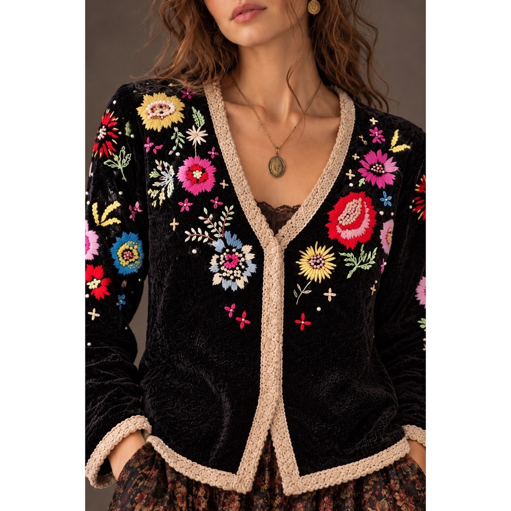 Storybook Knits Floral Embroidered Chenille Cardigan Black Beaded V-Neck Medium